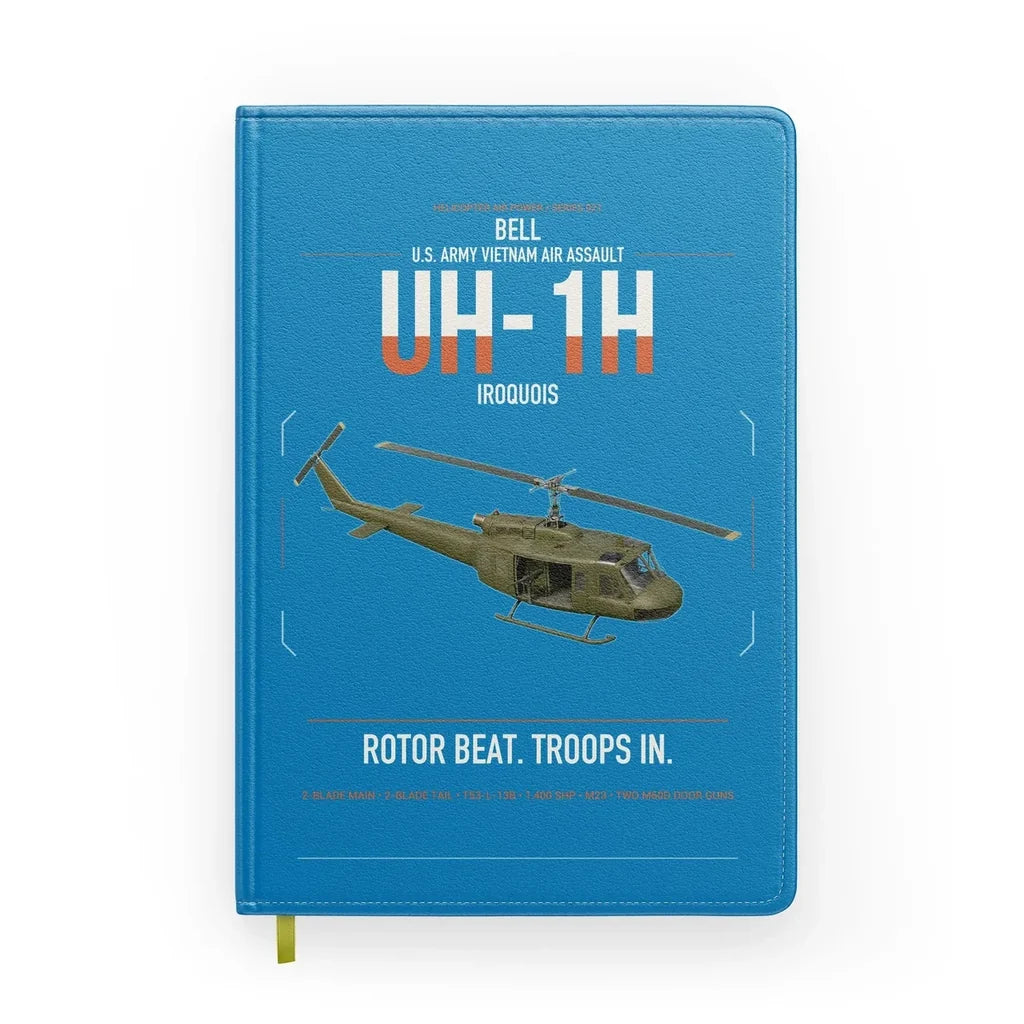 Bell UH-1H Iroquois design on turquoise notebook