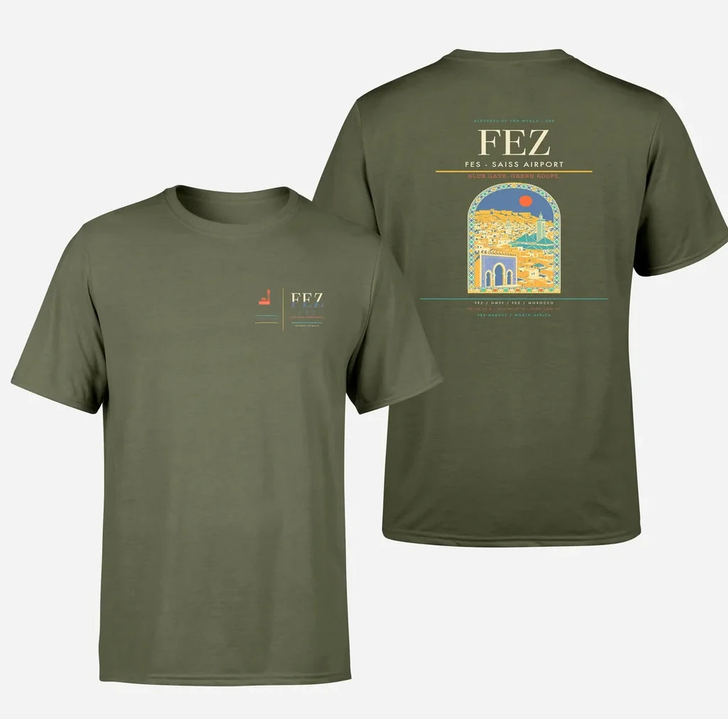 Fes (FEZ) design printed on green army double-side t-shirt