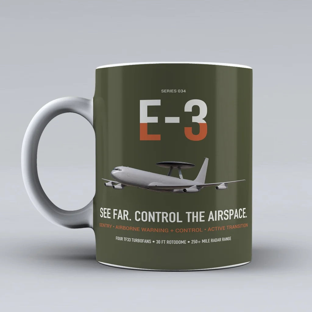 E-3 Sentry AWACS design on green army ceramic mug, double-side print