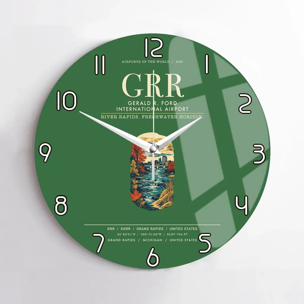 Gerald R. Ford International Airport Grand Rapids (GRR) design on green no frame wall clock