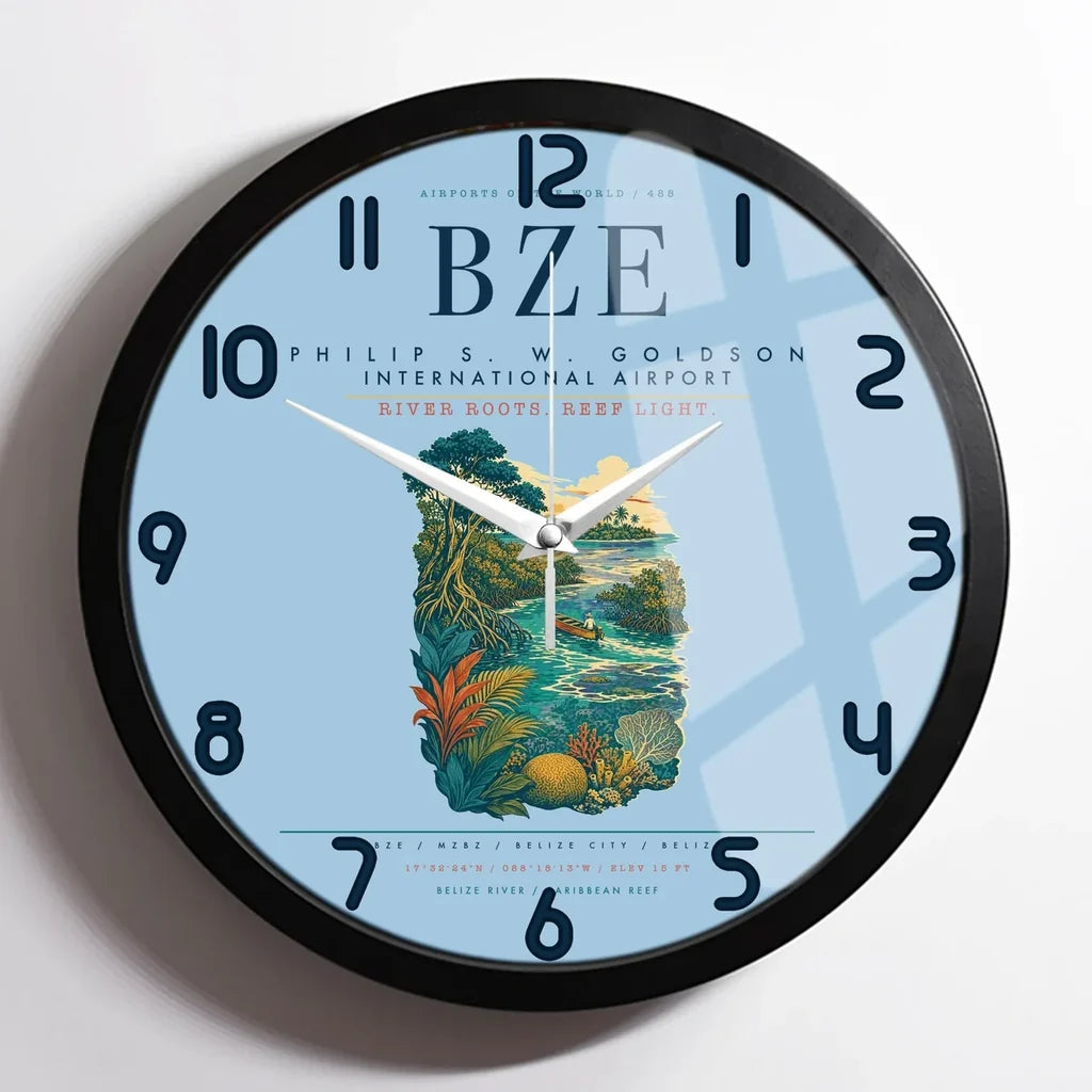 Philip S. W. Goldson International Airport (BZE) design on light blue framed wall clock