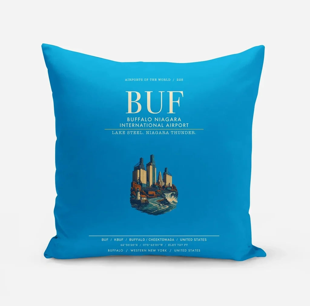 Buffalo Niagara International Airport (BUF) design on turquoise pillow