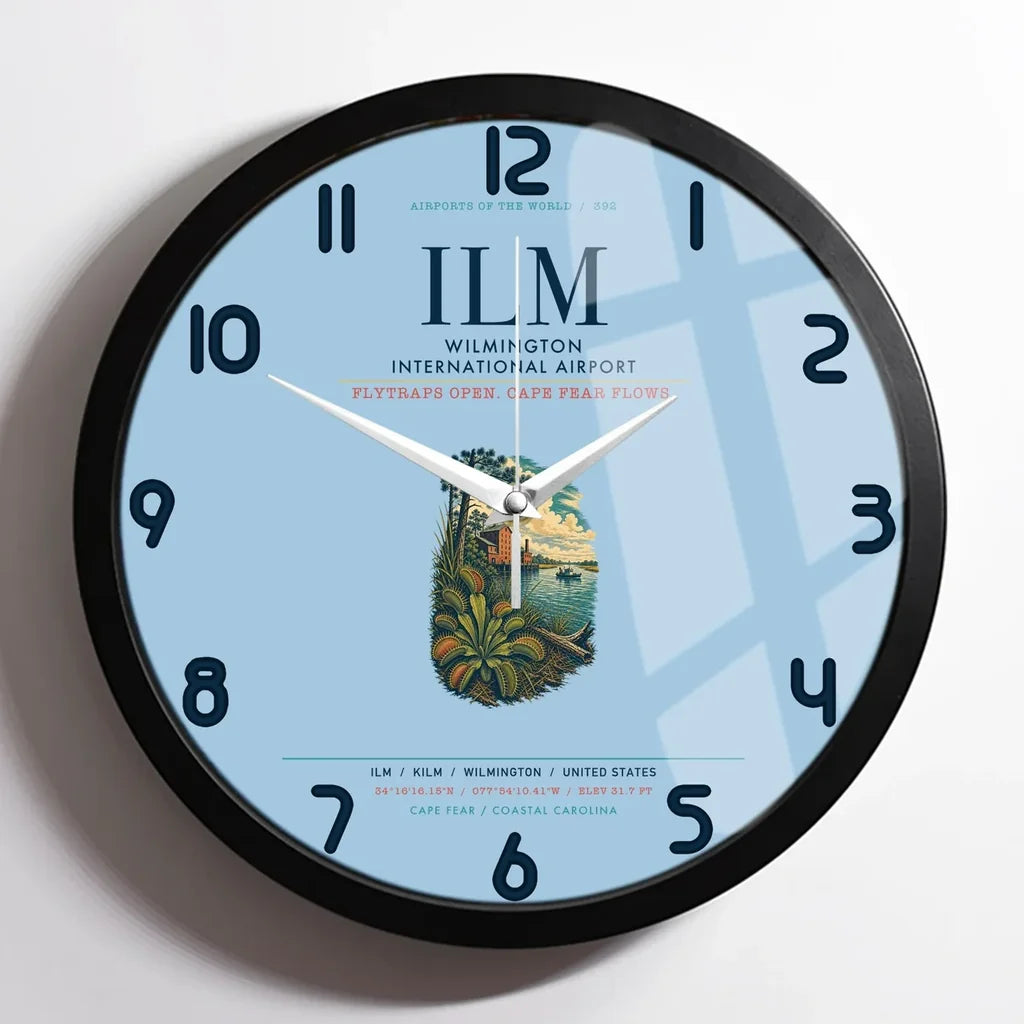 Wilmington International Airport (ILM) design on light blue framed wall clock