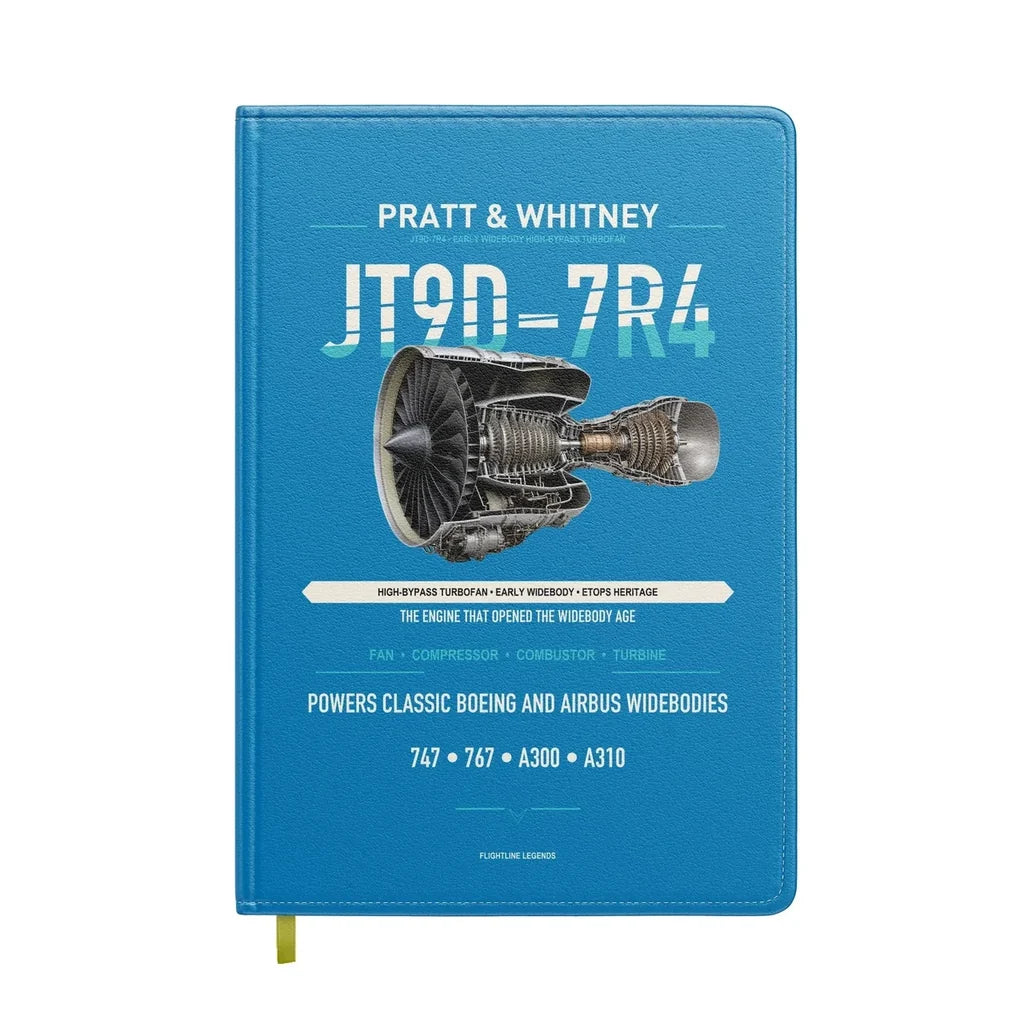 JT9D-7R4 design on turquoise notebook