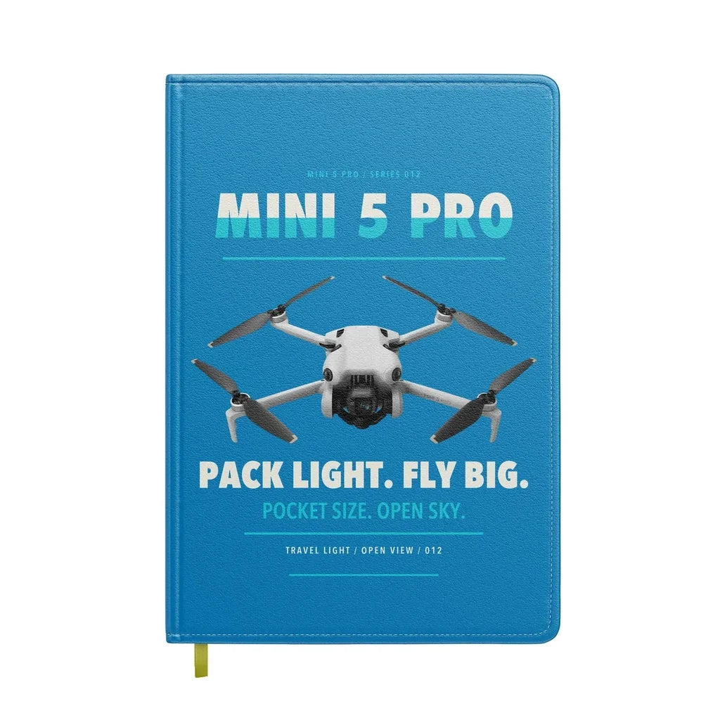 DJI Mini 5 Pro design on turquoise notebook