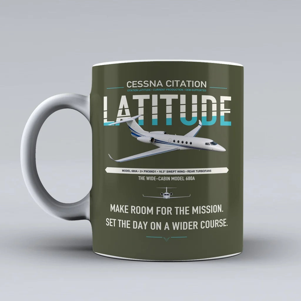 Cessna Citation Latitude design on green army ceramic mug, double-side print