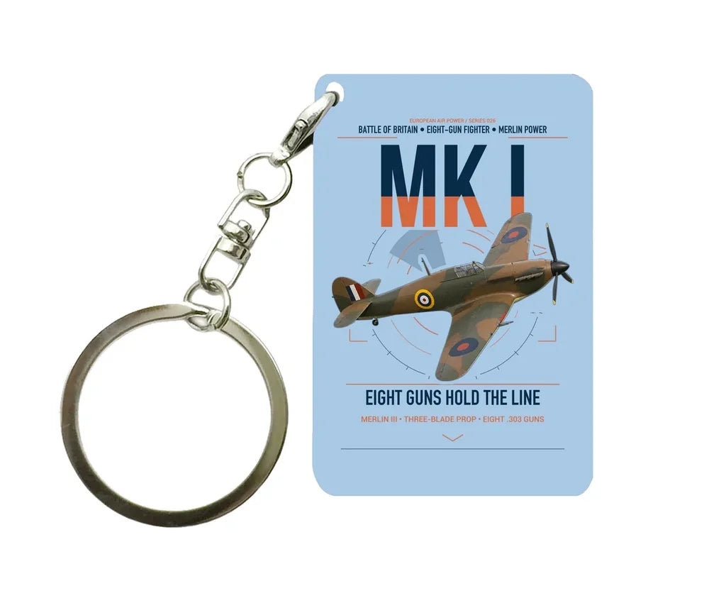 Hawker Hurricane Mk I design on light blue designed key chain, double-side print