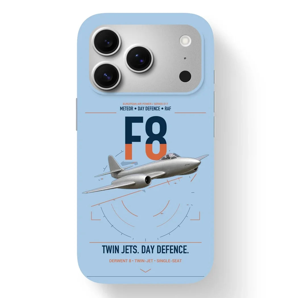 Gloster Meteor F8 design on light blue magsafe iphone case, for iPhone 17 Pro