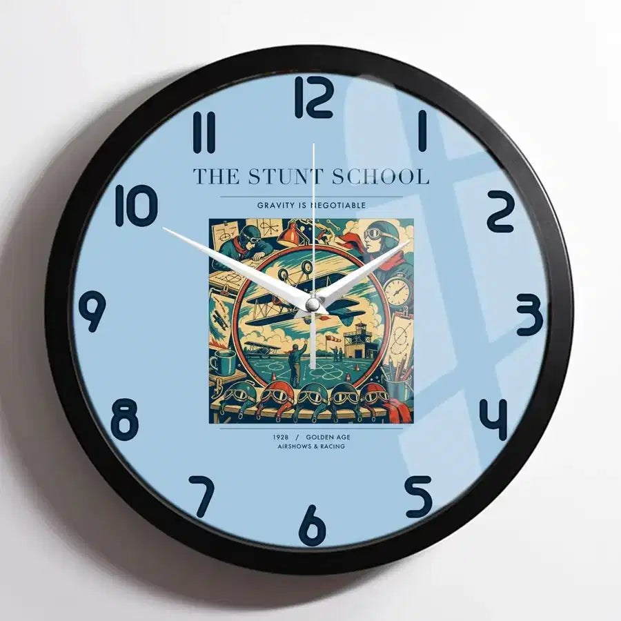 VINTAGE G4044 - The Stunt School - Designed Wall Clocks design on lightblue framed