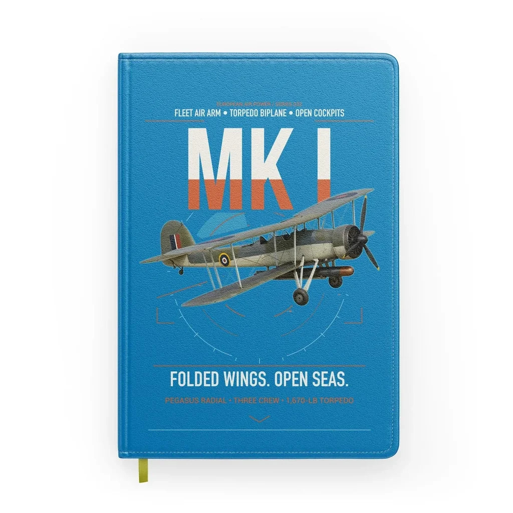 Fairey Swordfish Mk I design on turquoise notebook