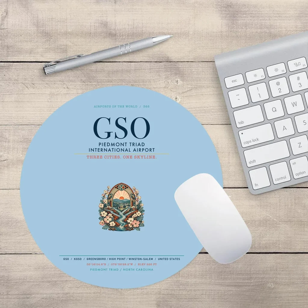 Piedmont Triad International Airport (GSO) design on light blue round mouse pad