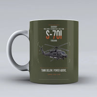 Thumbnail for Sikorsky S-70i FIREHAWK design on green army ceramic mug, double-side print