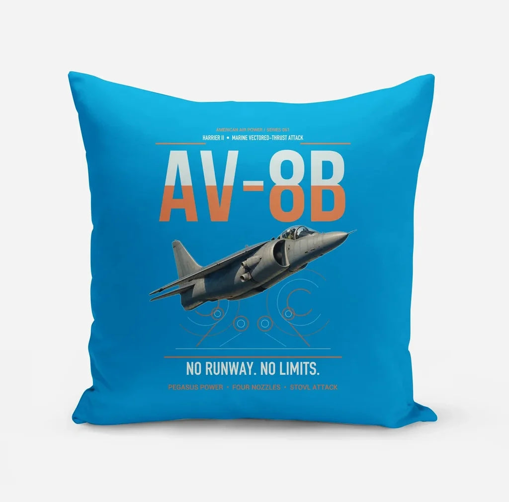 AV-8B Harrier II design on turquoise pillow
