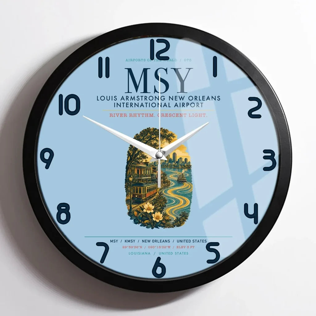 Louis Armstrong New Orleans International Airport (MSY) design on light blue framed wall clock