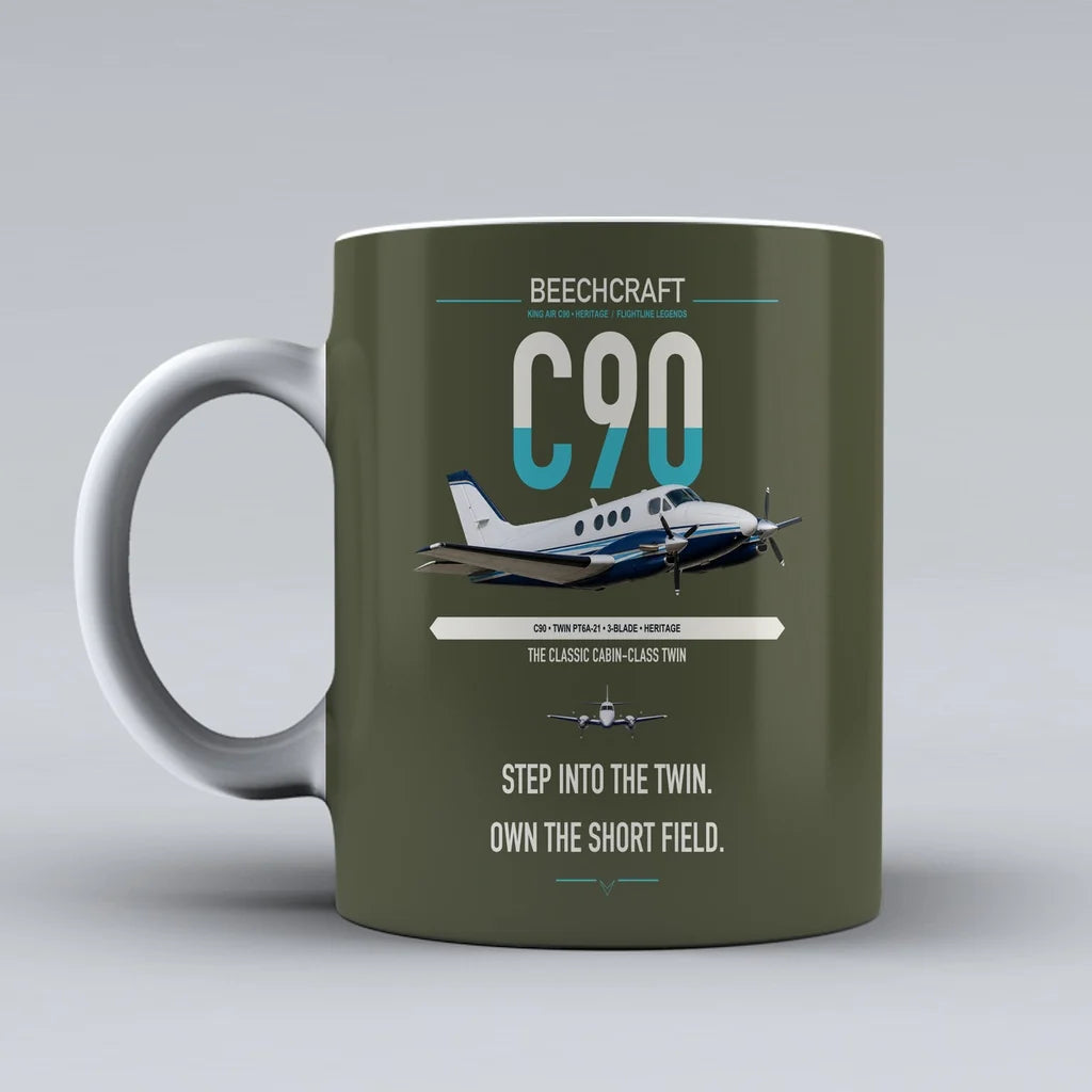 Beechcraft King Air C90 design on green army ceramic mug, double-side print