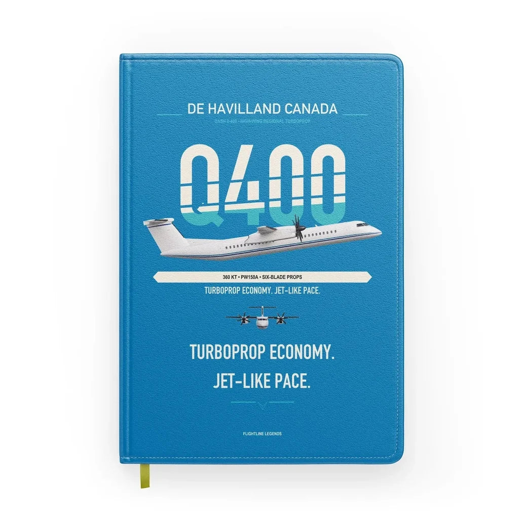 De Havilland Dash 8-400 design on turquoise notebook