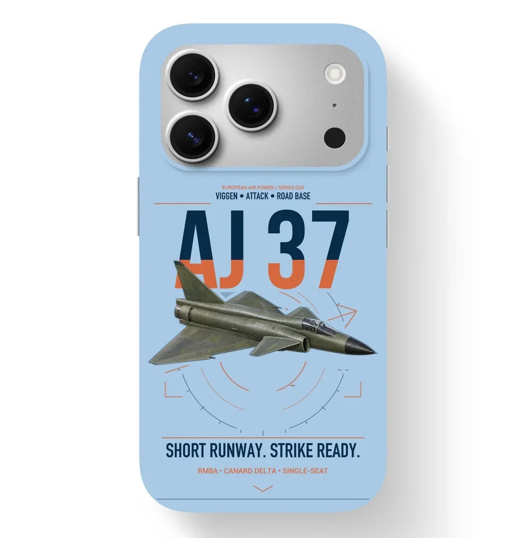 Saab AJ 37 Viggen design on light blue magsafe iphone case, for iPhone 17 Pro