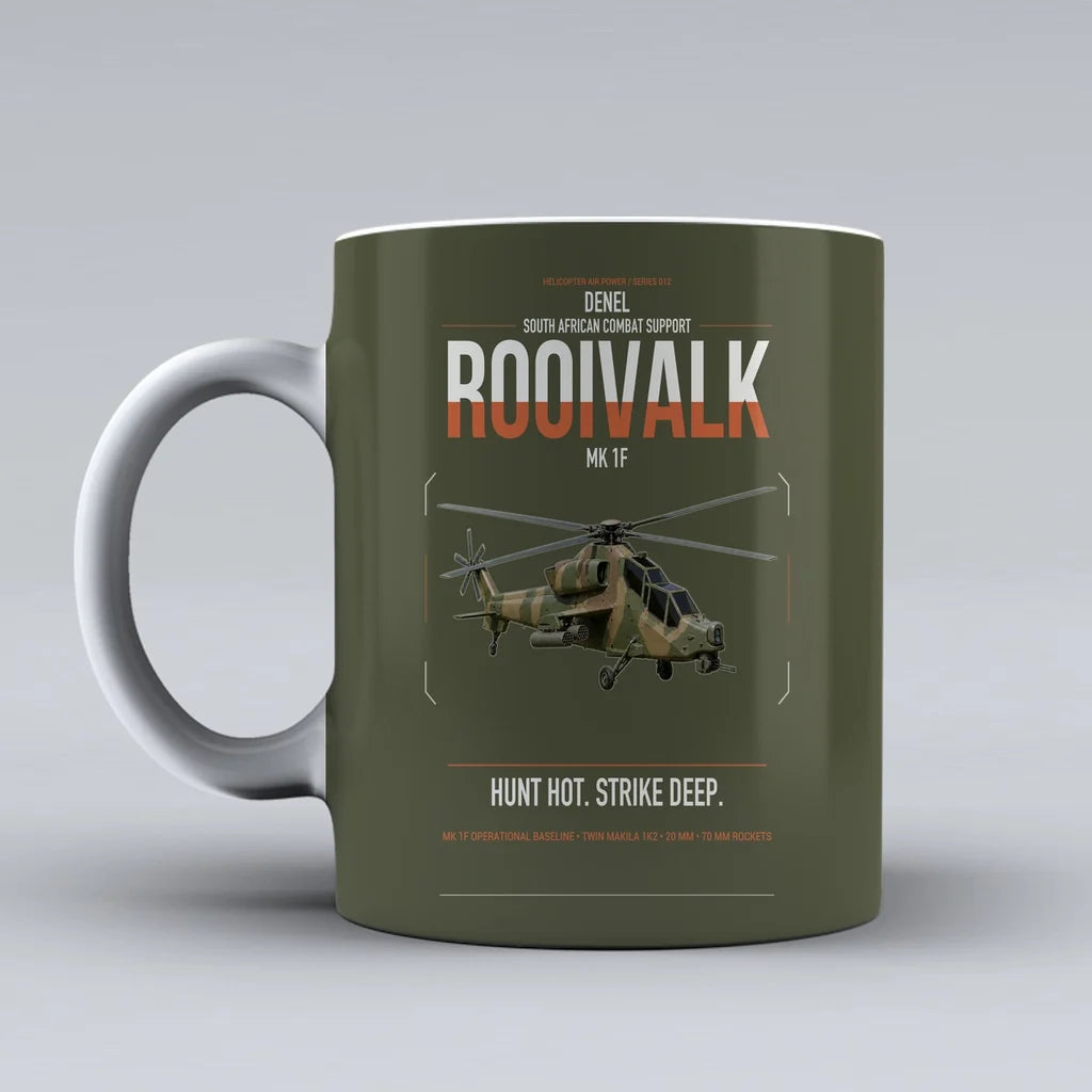Denel Rooivalk Mk 1F design on green army ceramic mug, double-side print