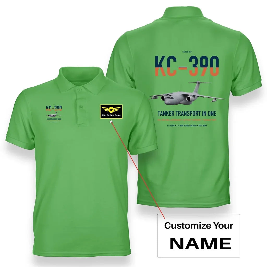Embraer KC-390 Millennium design on light green+name double-side polo t-shirt, double-side print