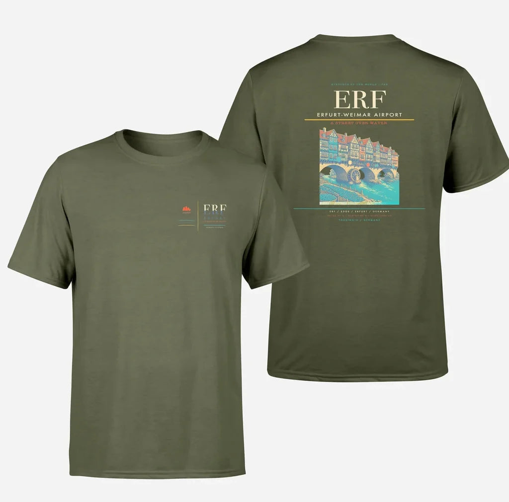 Erfurt-Weimar Airport (ERF) design printed on green army double-side t-shirt