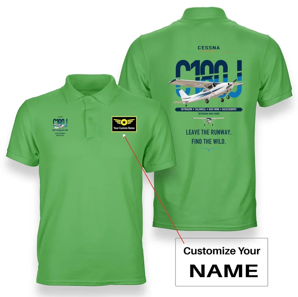 Cessna 180J Skywagon design on light green+name double-side polo t-shirt, double-side print