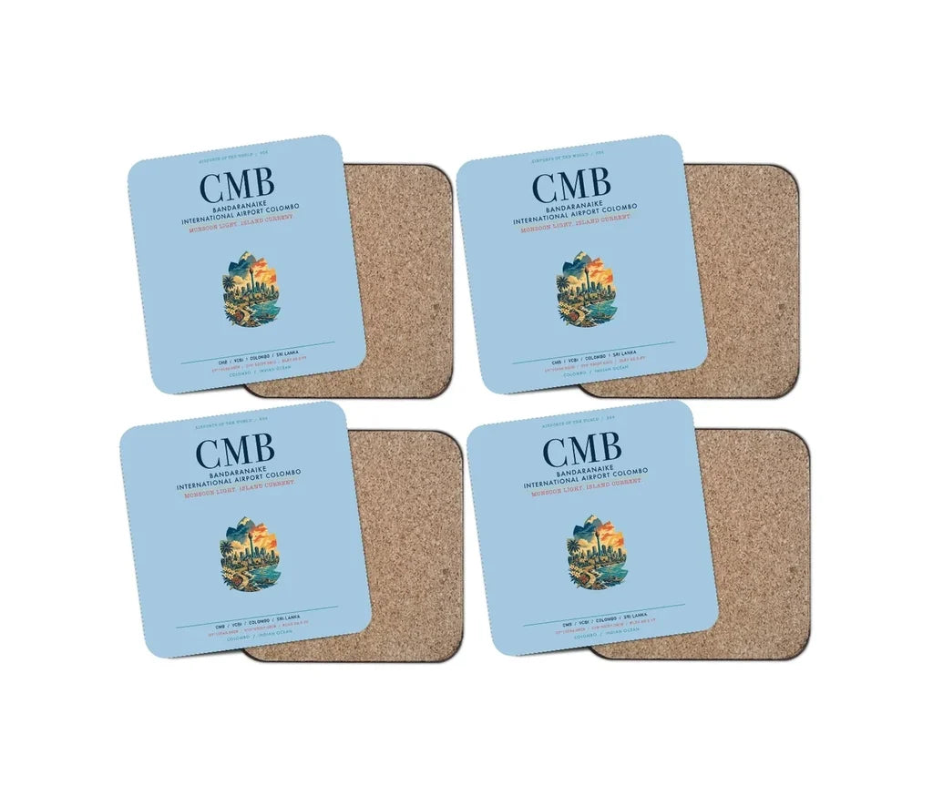 Bandaranaike International Airport Colombo (CMB) design on light blue 4 pieces set coaster