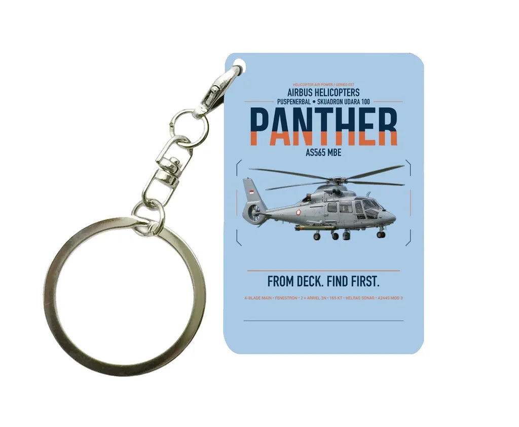 Airbus Helicopters AS565 MBe Panther design on light blue designed key chain, double-side print