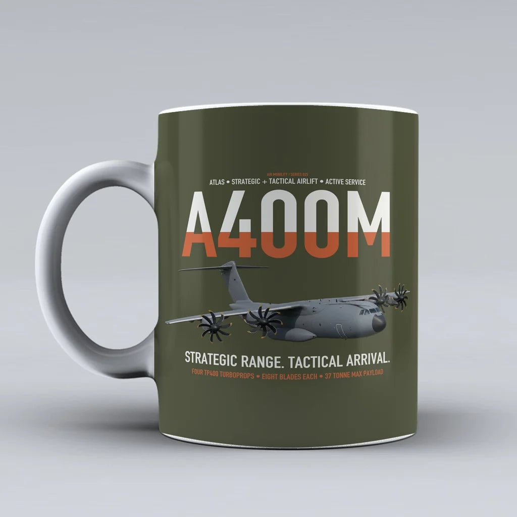 Airbus A400M Atlas design on green army ceramic mug, double-side print