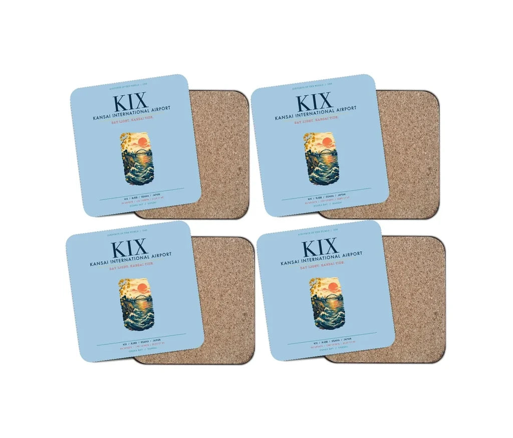 Osaka Kansai International Airport (KIX) design on light blue 4 pieces set coaster