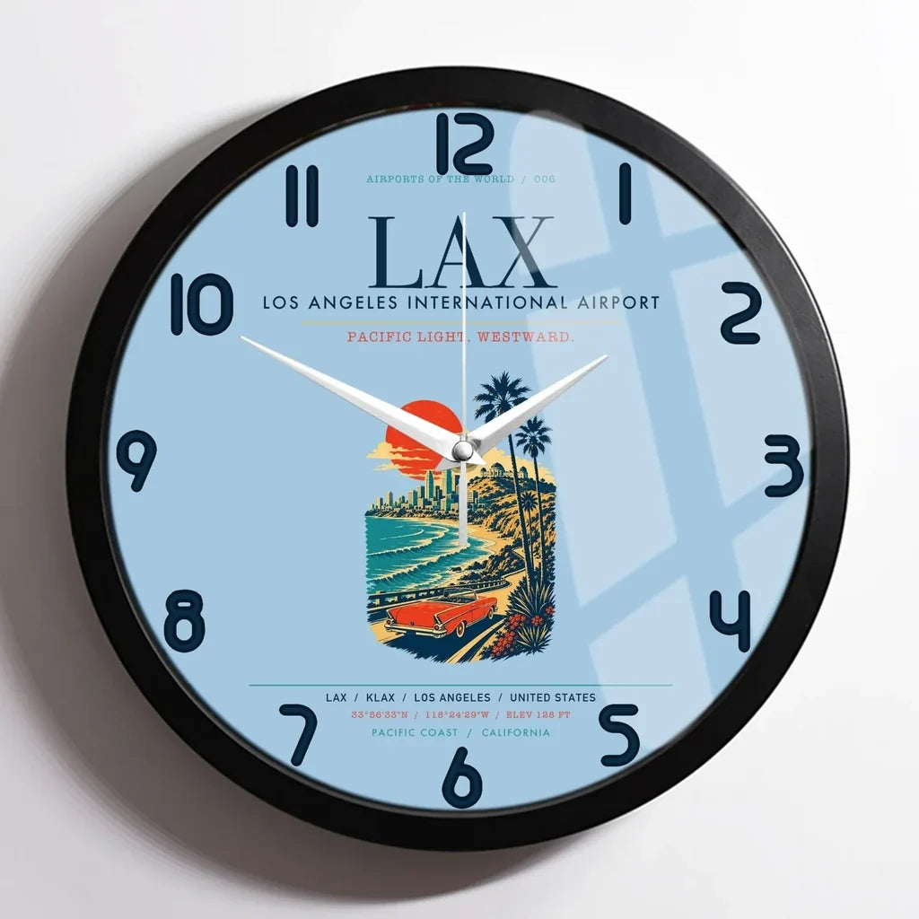 Los Angeles International Airport (LAX) design on light blue framed wall clock