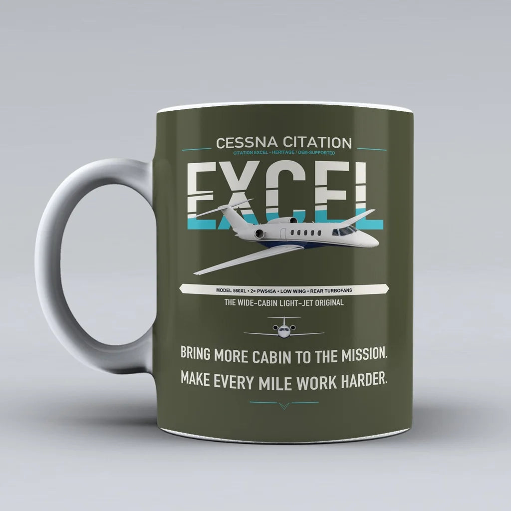 Cessna Citation Excel design on green army ceramic mug, double-side print