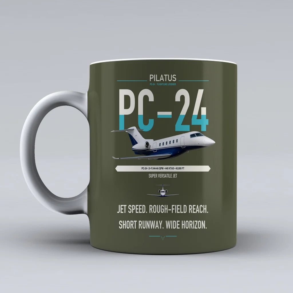 Pilatus PC-24 design on green army ceramic mug, double-side print
