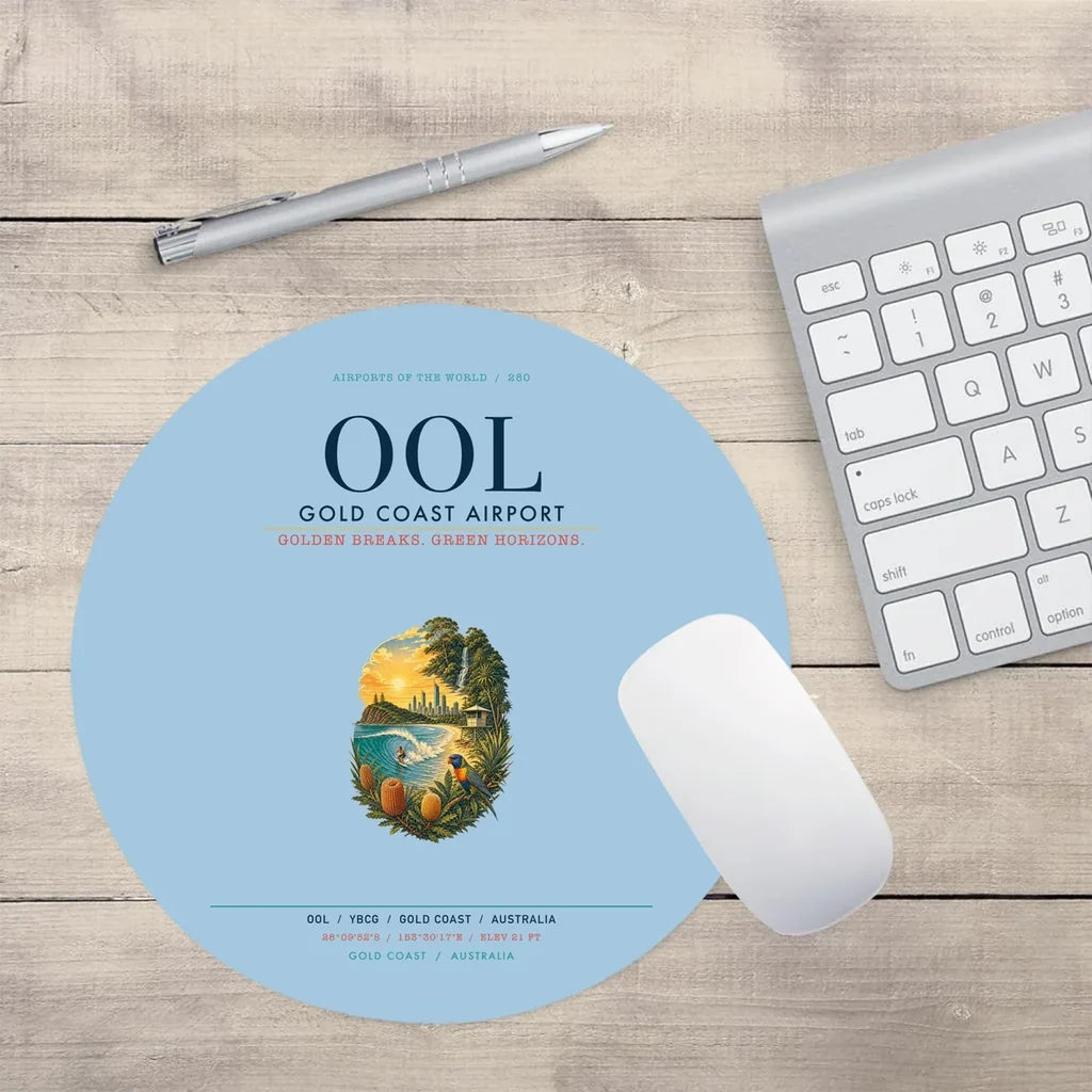 Gold Coast Airport (OOL) design on light blue round mouse pad