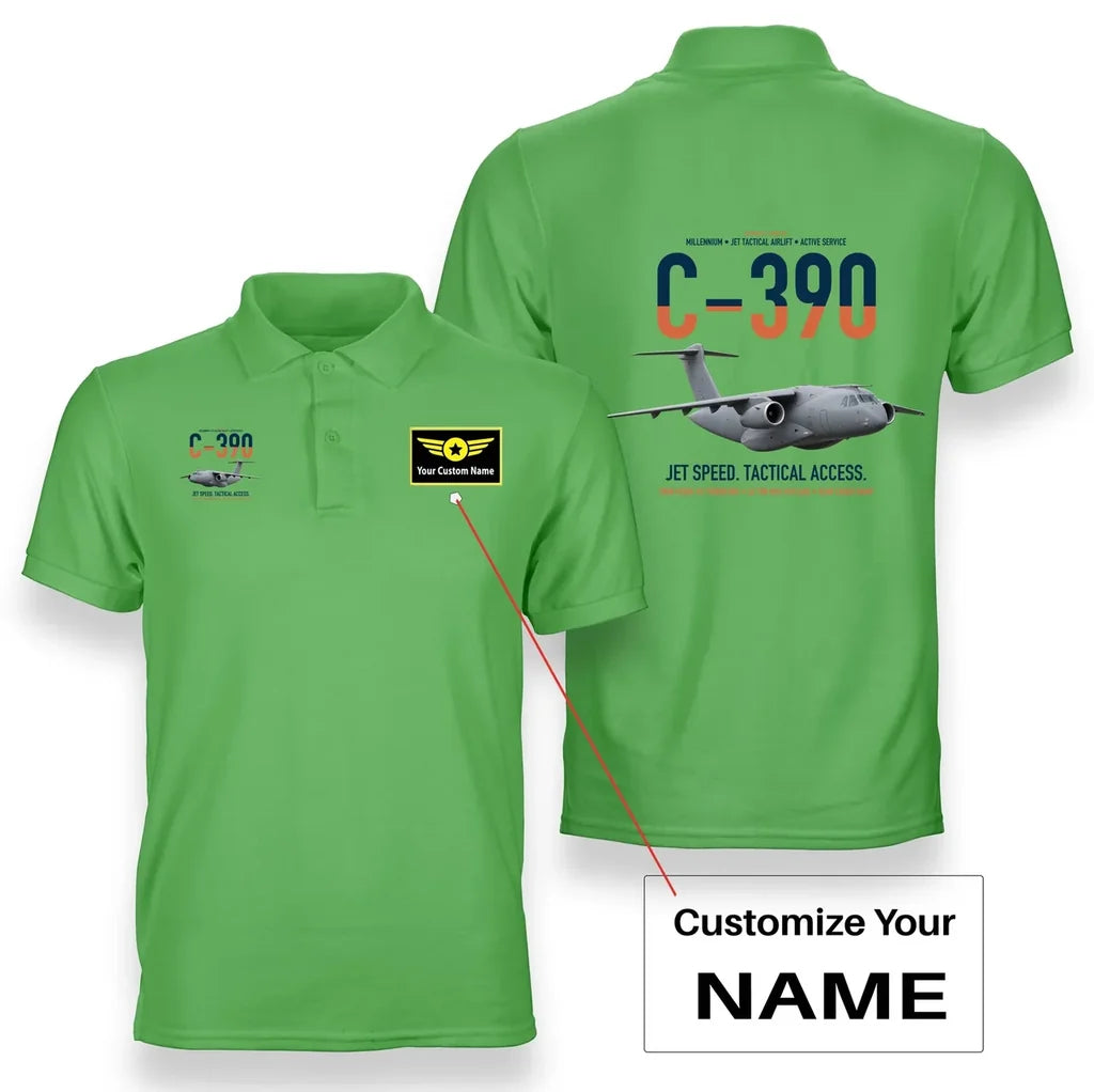 C-390 Millennium design on light green+name double-side polo t-shirt, double-side print