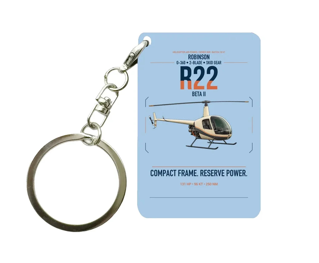 Robinson R22 Beta II design on light blue designed key chain, double-side print