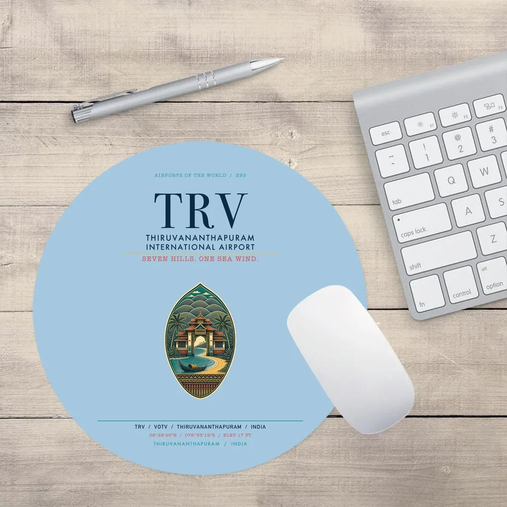 Thiruvananthapuram International Airport (TRV) design on light blue round mouse pad