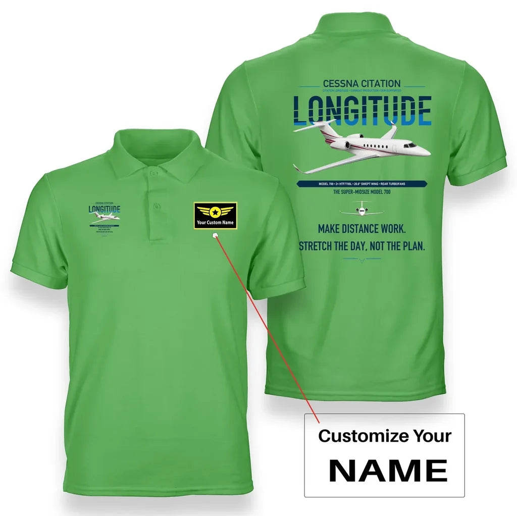 Cessna Citation Longitude design on light green+name double-side polo t-shirt, double-side print