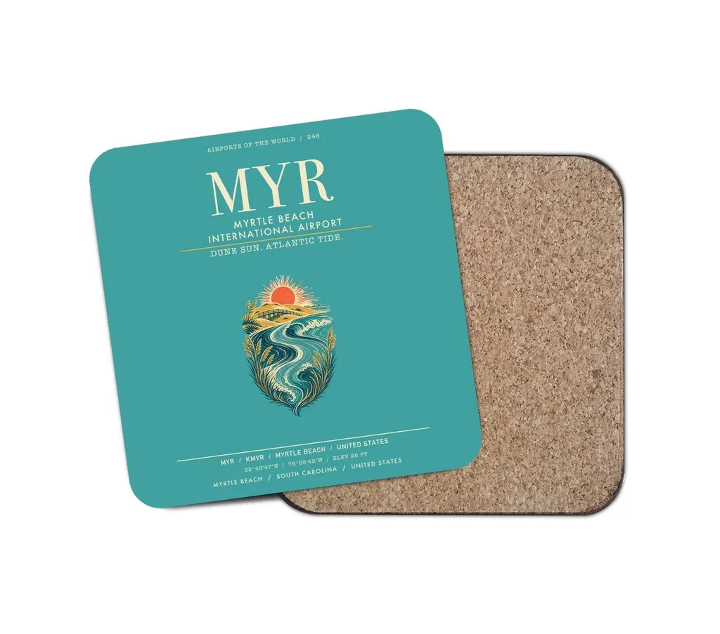 Myrtle Beach International Airport (MYR) design on turquoise 1 piece coaster