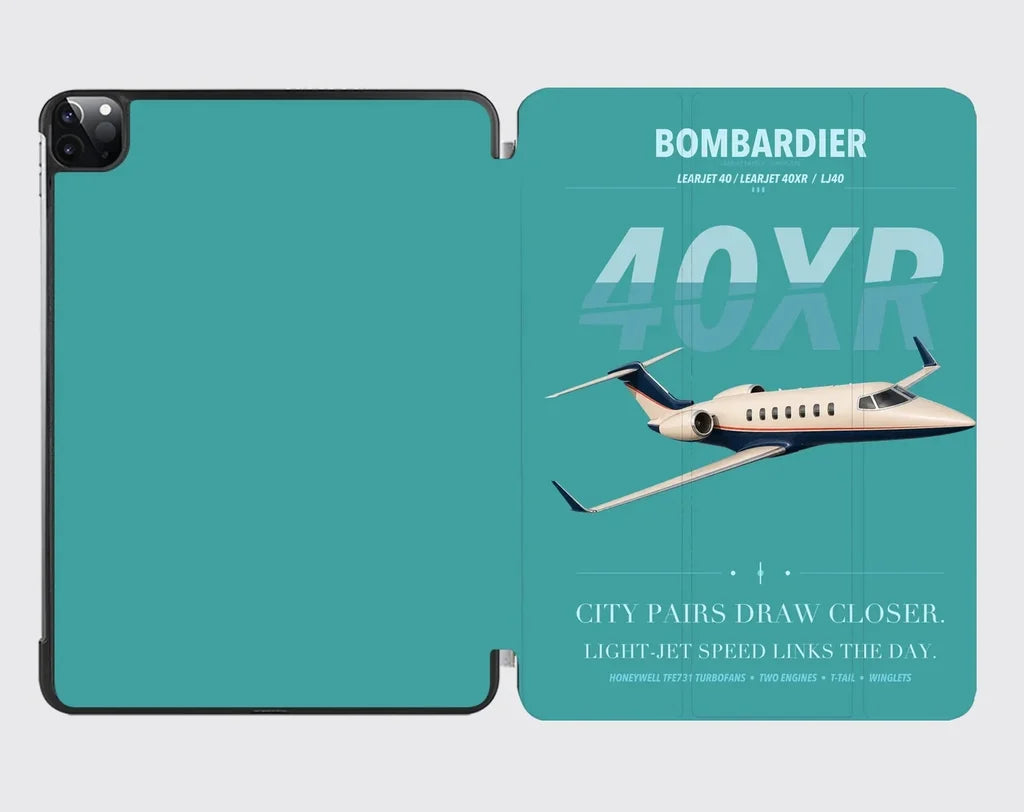 Bombardier Learjet 40XR design on turquoise ipad tablet case