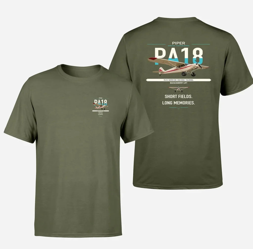 Piper PA-18 Super Cub design on green army t-shirt, double-side print