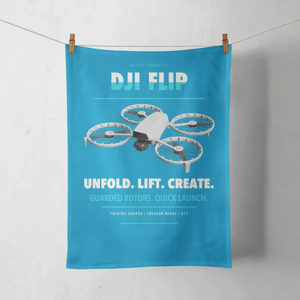 DJI Flip design on turquoise towel