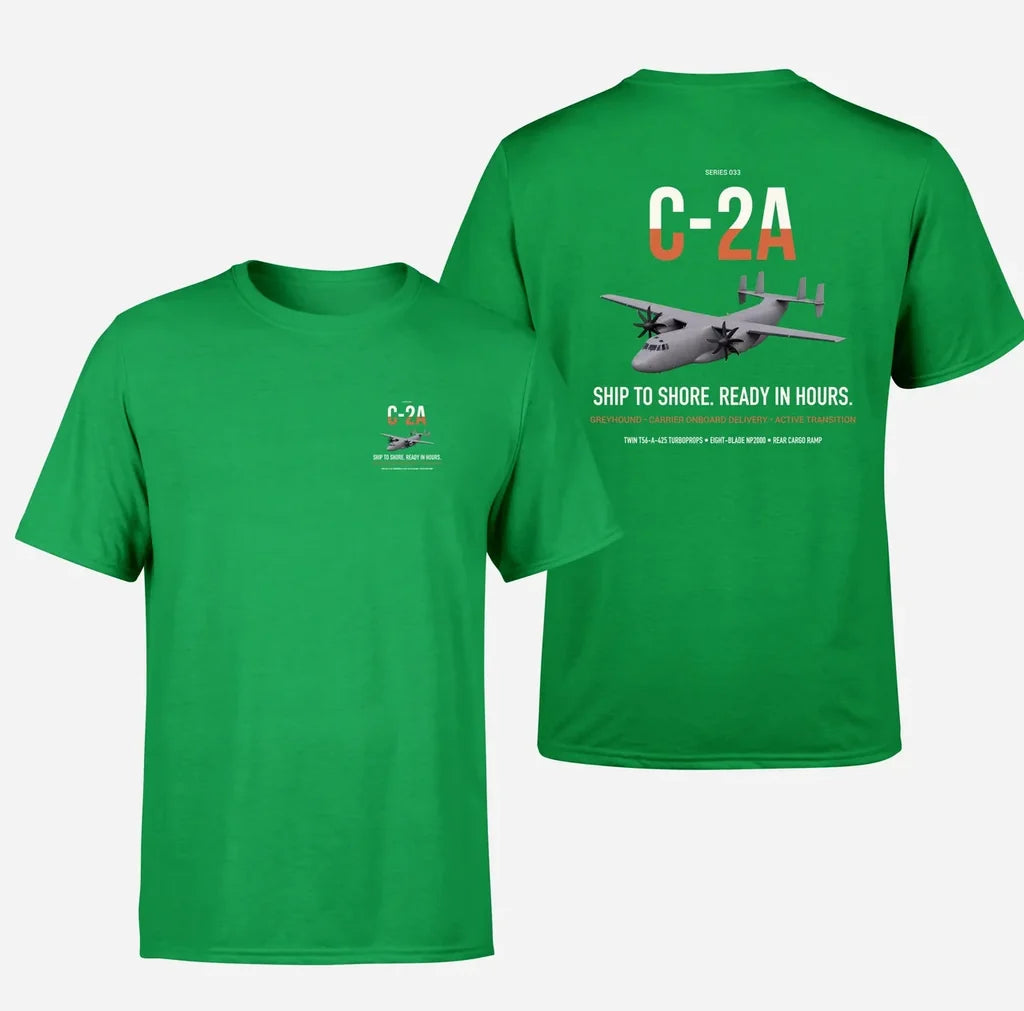 C-2A Greyhound design on green double-side t-shirt, double-side print