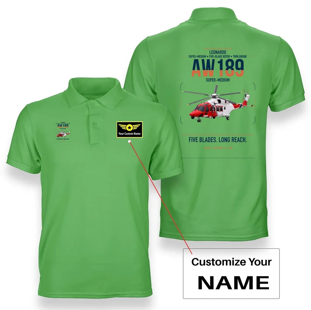 Leonardo AW189 design on light green+name double-side polo t-shirt, double-side print