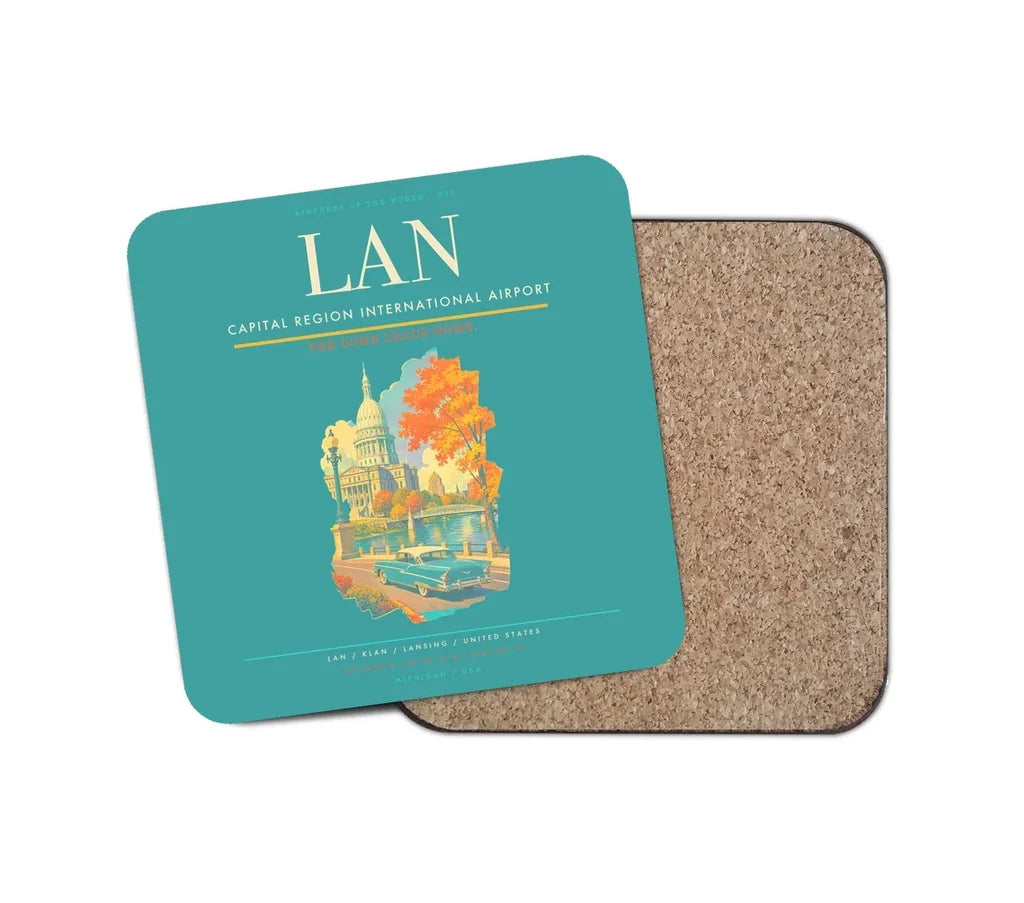 Capital Region International Airport (LAN) design on turquoise 1 piece coaster