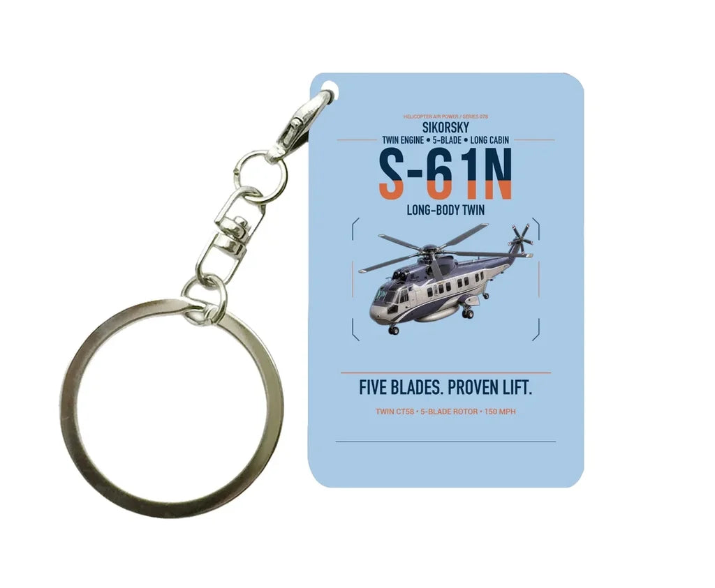 Sikorsky S-61N design on light blue designed key chain, double-side print