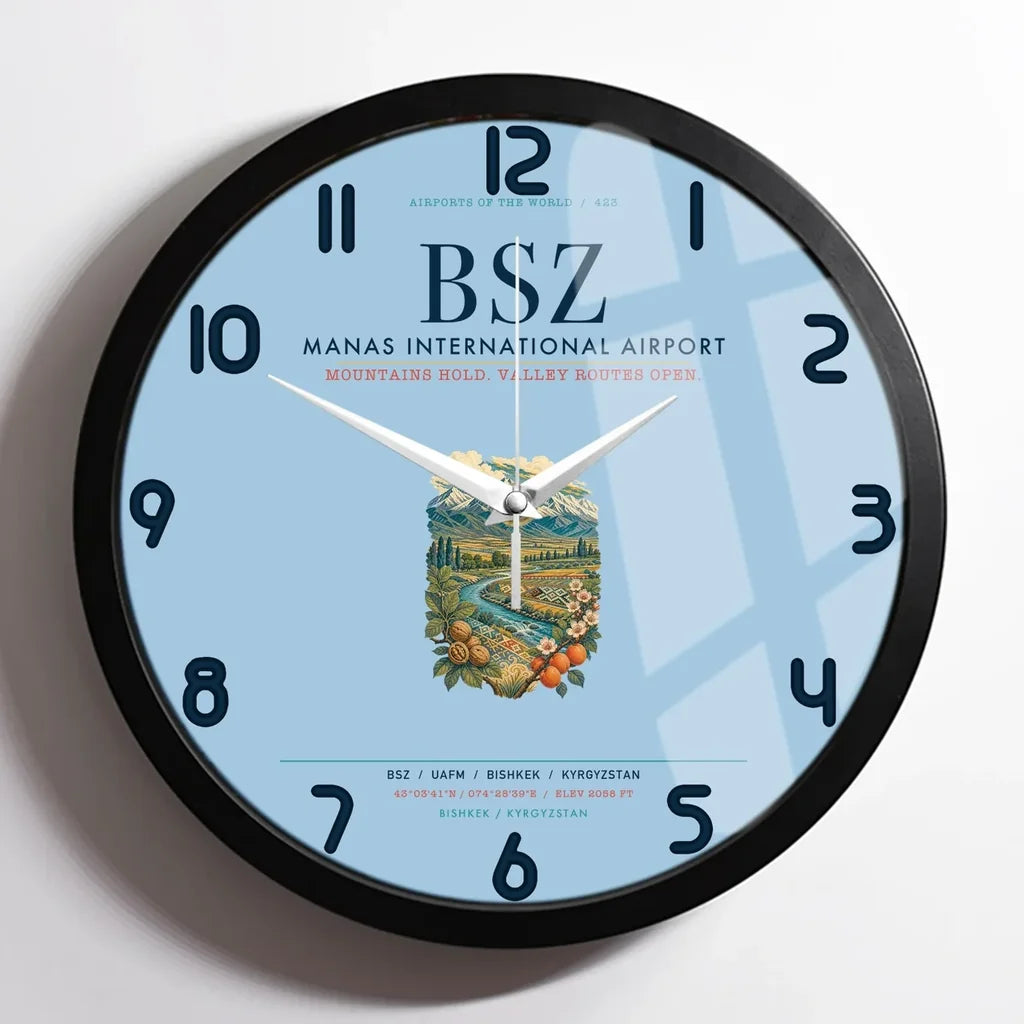 Manas International Airport Bishkek (BSZ) design on light blue framed wall clock