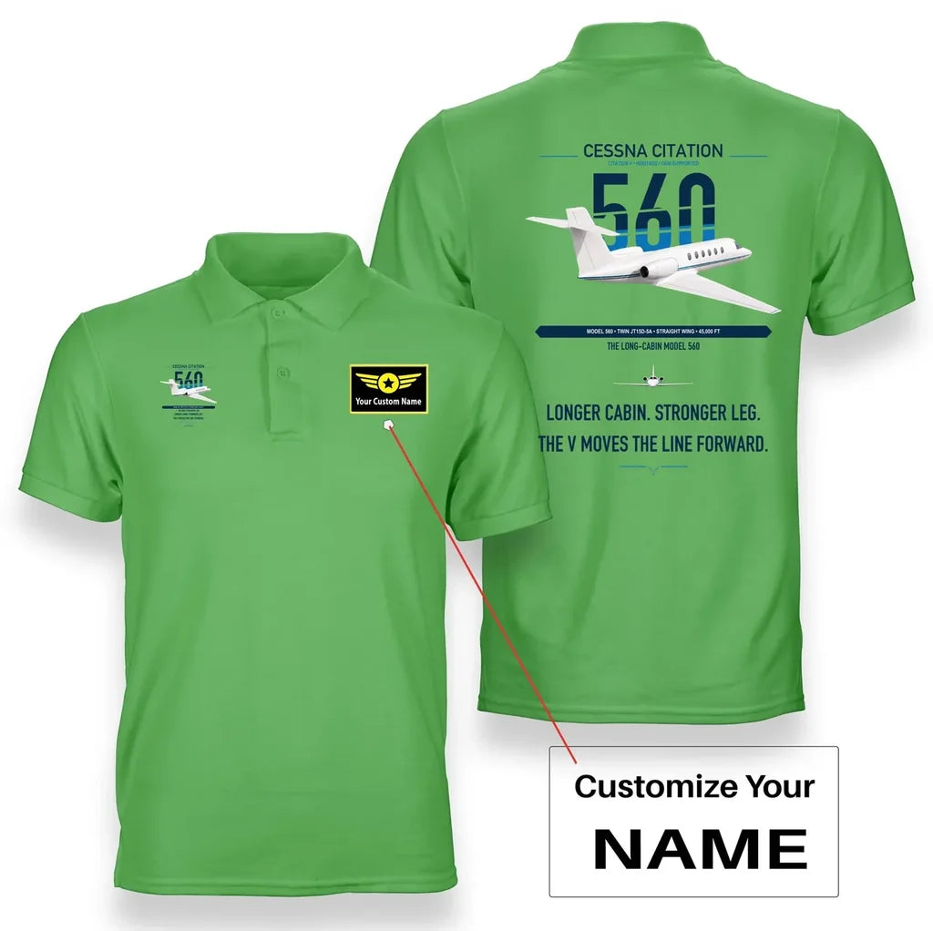 Cessna Citation 560 - Citation V design on light green+name double-side polo t-shirt, double-side print