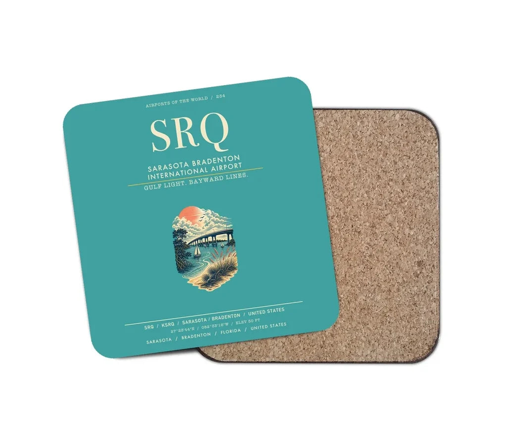 Sarasota Bradenton International Airport (SRQ) design on turquoise 1 piece coaster
