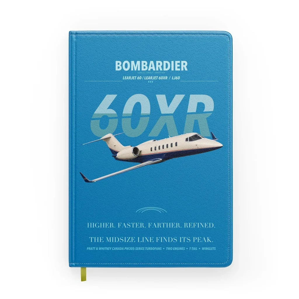 Bombardier Learjet 60XR design on turquoise notebook