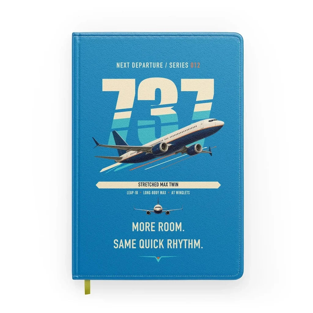 Boeing 737 MAX 9 design on turquoise notebook